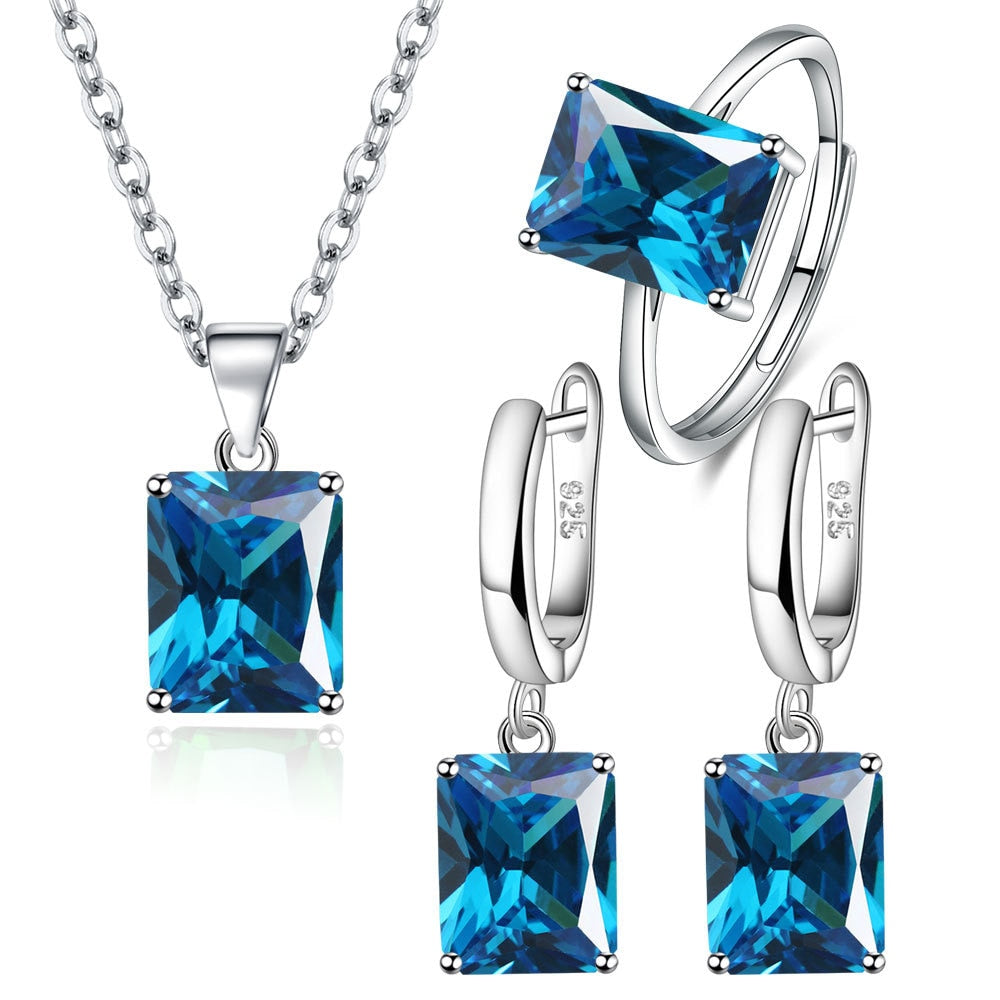 Elegant 925 Sterling Silver Rectangle Geometry Zircon Jewelry Set for Women - Ring, Earrings, and Necklace