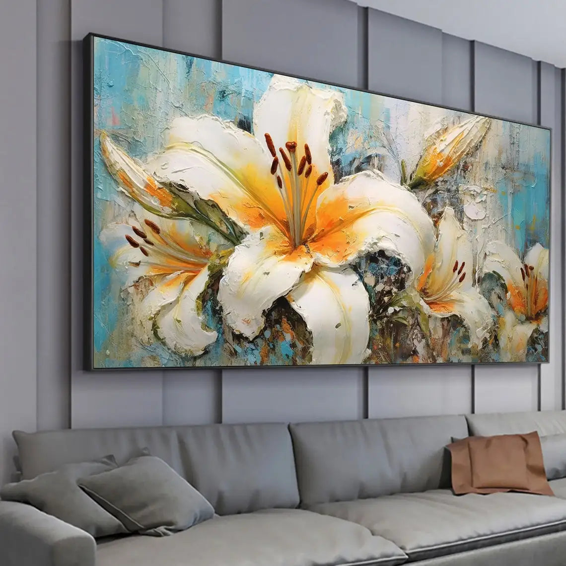 Large Abstract Lily Hand-Painted Floral Oil Painting on Canvas - Original White Landscape Art for Modern Rooms Room Art