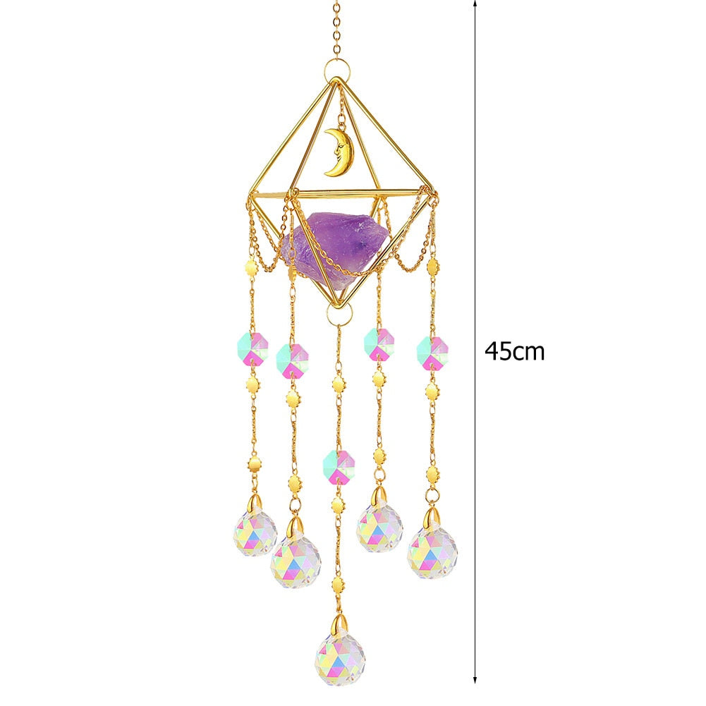 Metal Crystal Wind Chimes - Natural Stone Hexagon Prisms for Radiant Sun Catchers