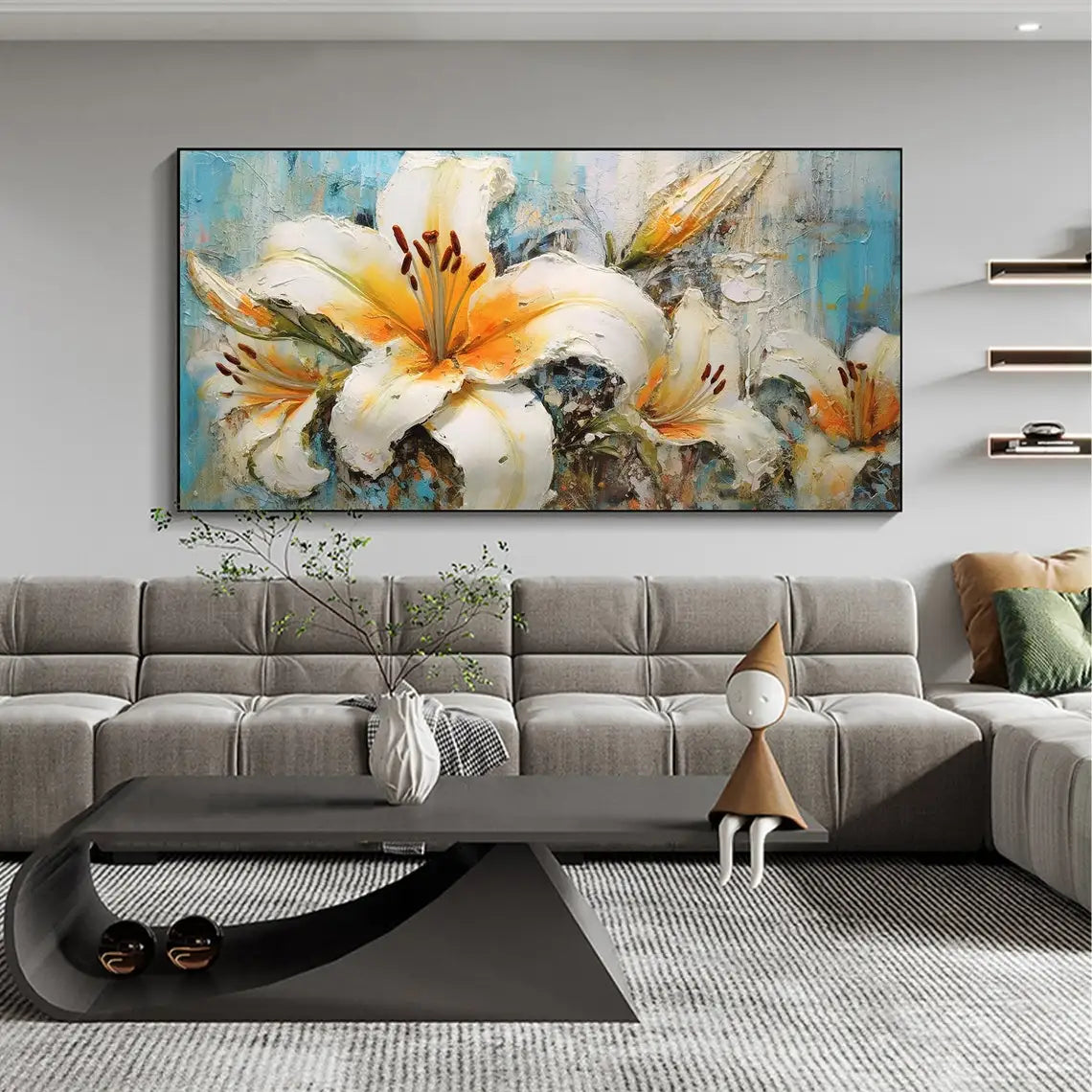 Large Abstract Lily Hand-Painted Floral Oil Painting on Canvas - Original White Landscape Art for Modern Rooms Room Art