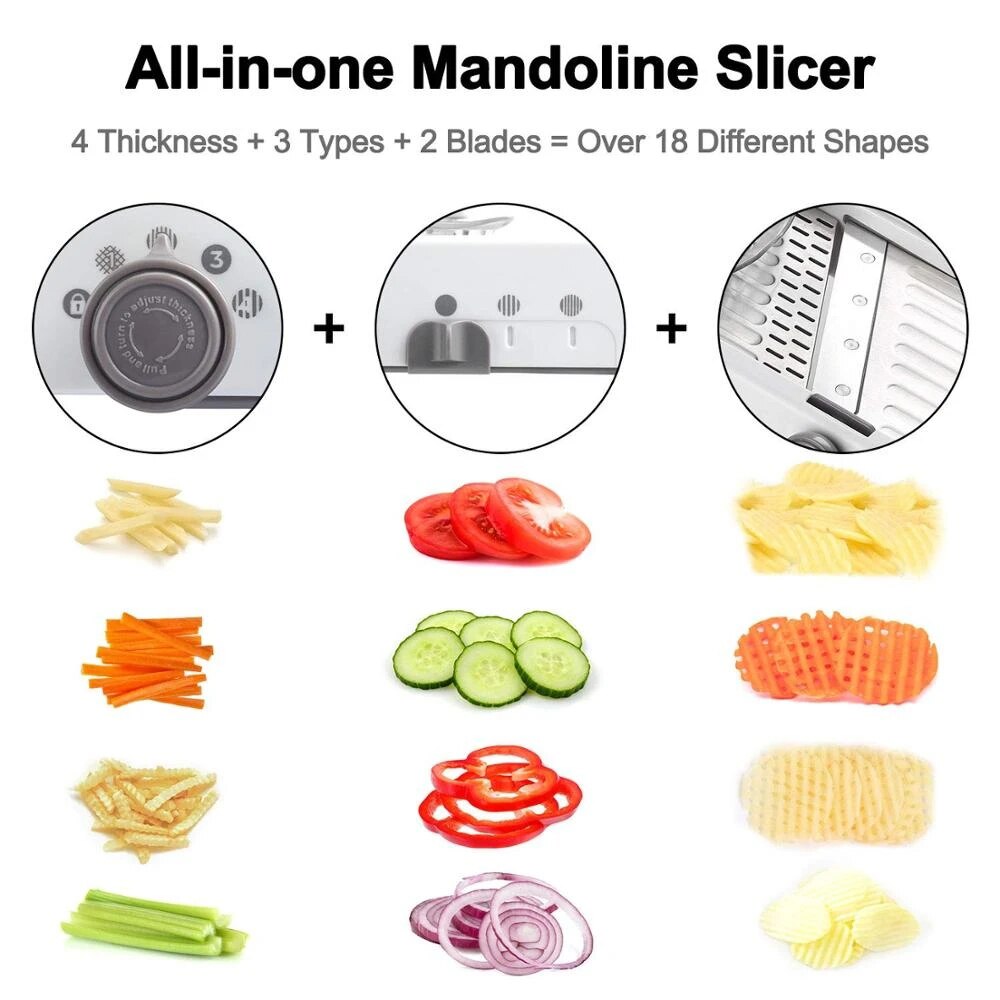 Adjustable Mandoline Slicer - 18 Types - Stainless Steel Vegetable Julienner, Grater, and Food Cutter - Adjustable Thickness Slicer Dicer