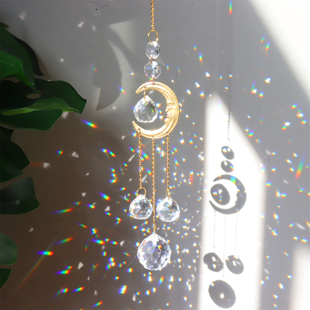 Crystal Sun Catcher Wind Chimes - Star, Moon, and Diamond Prisms for Captivating Rainbow Displays