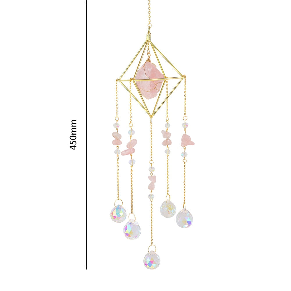 Metal Crystal Wind Chimes - Natural Stone Hexagon Prisms for Radiant Sun Catchers