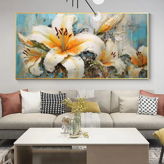 Large Abstract Lily Hand-Painted Floral Oil Painting on Canvas - Original White Landscape Art for Modern Rooms Room Art