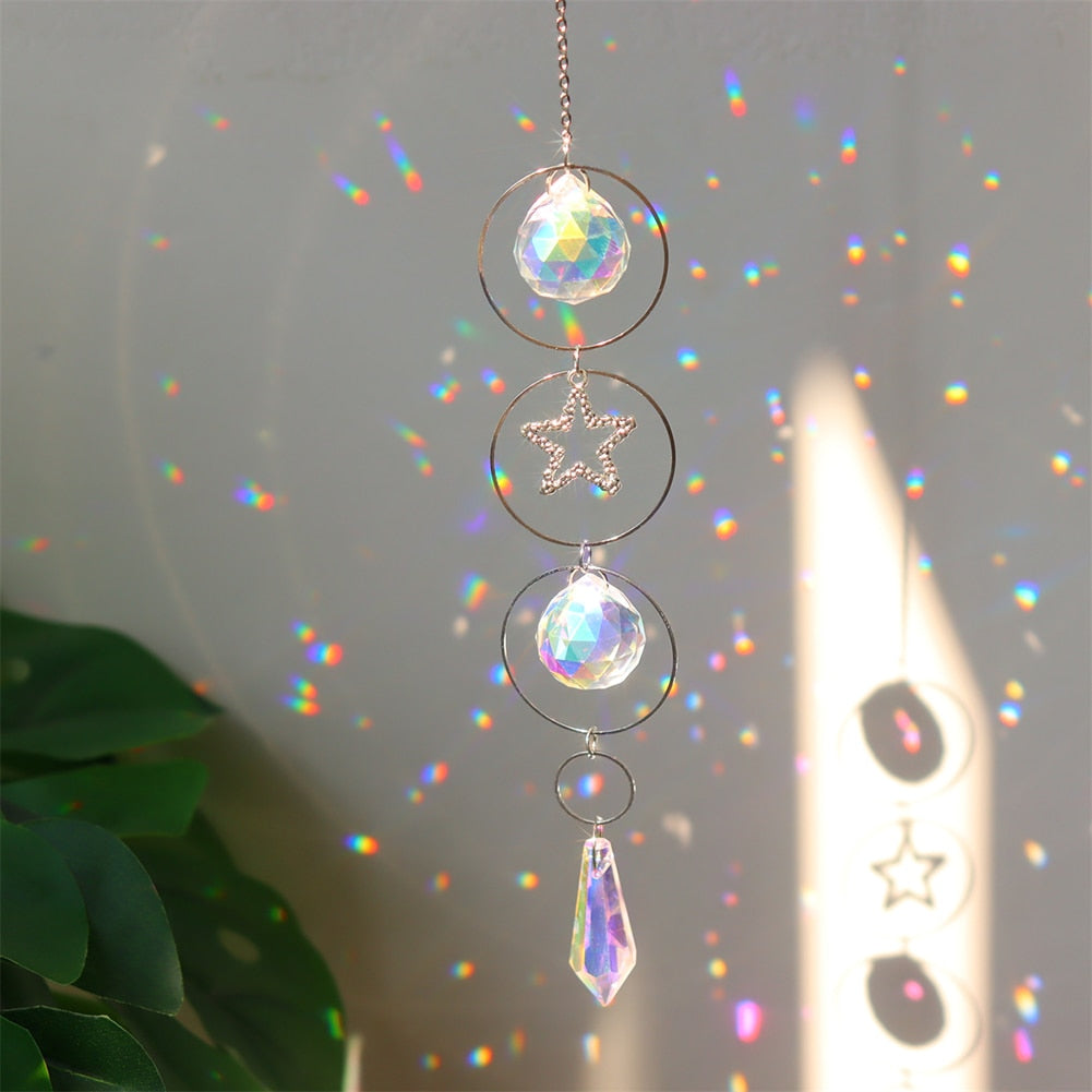 Crystal Sun Catcher Wind Chimes - Star, Moon, and Diamond Prisms for Captivating Rainbow Displays