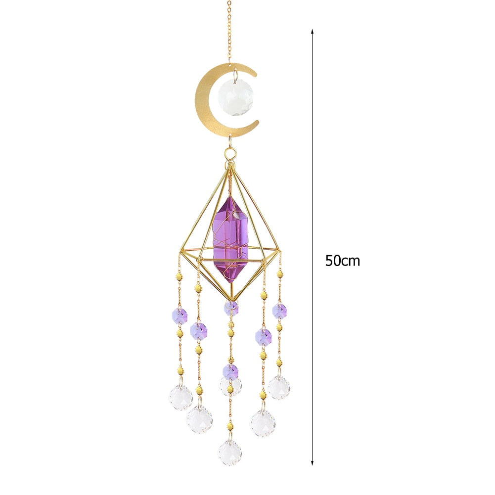 Metal Crystal Wind Chimes - Natural Stone Hexagon Prisms for Radiant Sun Catchers