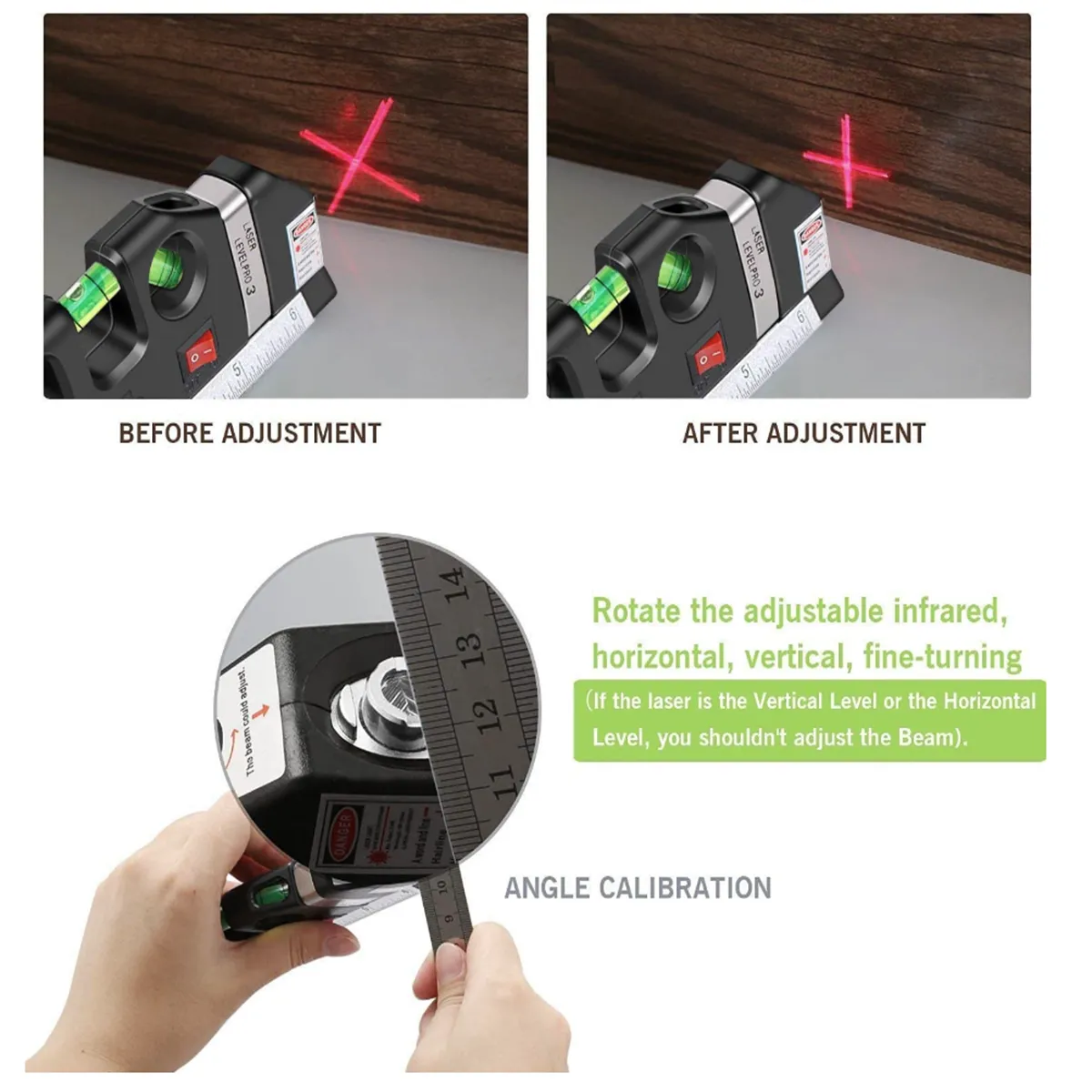 Original Multipurpose Precision Cross Line Laser Leveler Tool with 8FT 2.5M Measure Tape and Metric Rulers