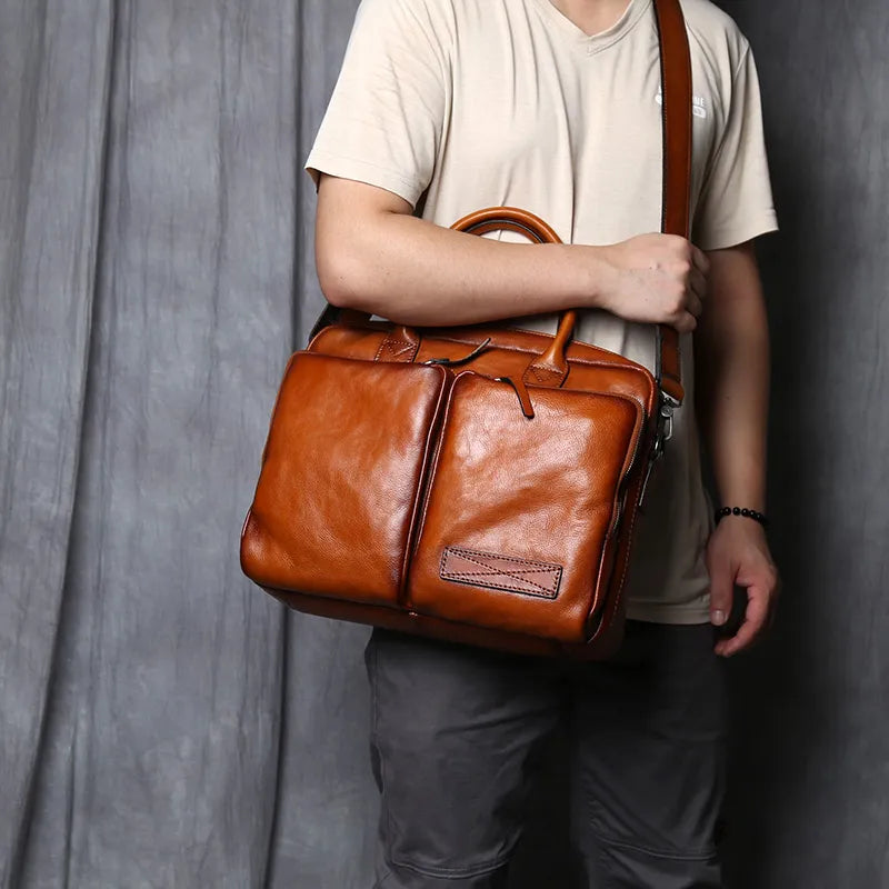 Handmade Retro Unique Leather Men's Briefcase Business Laptop Bag for Trendy Men