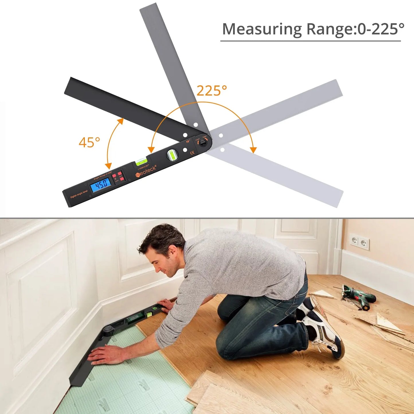 Neoteck 0-225° LCD Digital Protractor and Spirit Level Angle Finder - 400mm Electronic Measurement Tool (Black/Silver)