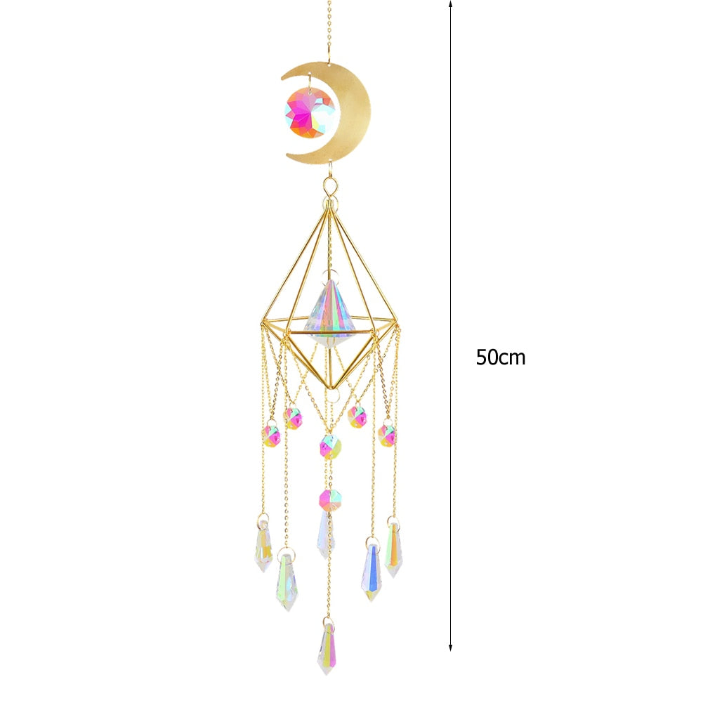 Metal Crystal Wind Chimes - Natural Stone Hexagon Prisms for Radiant Sun Catchers