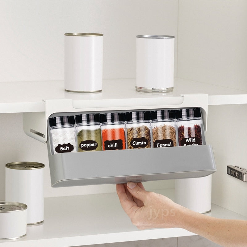 SpiceMate Self-Adhesive Wall-Mounted Kitchen Spice Rack - Innovative Under-Shelf Seasoning Bottle Storage Solution