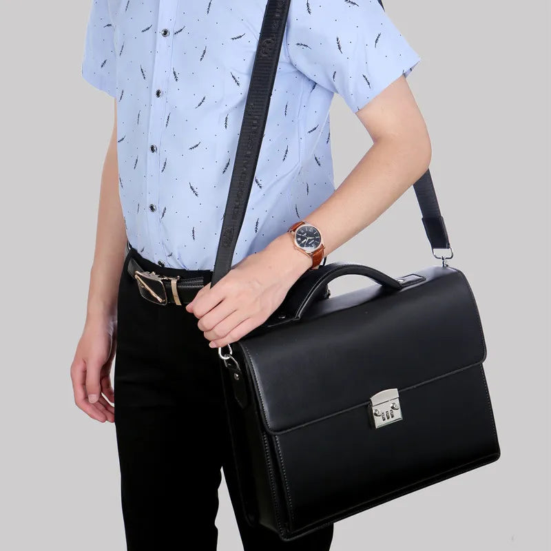 Stylish PU Leather Laptop Business Bag with Password Lock Professional Men's Diagonal Briefcase