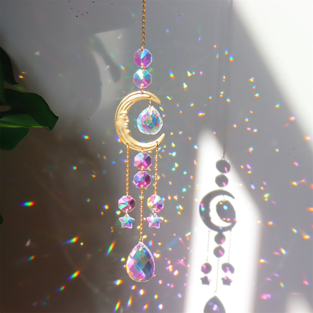 Crystal Sun Catcher Wind Chimes - Star, Moon, and Diamond Prisms for Captivating Rainbow Displays