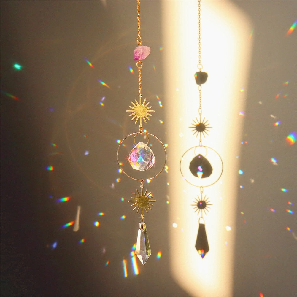 Crystal Sun Catcher Wind Chimes - Star, Moon, and Diamond Prisms for Captivating Rainbow Displays