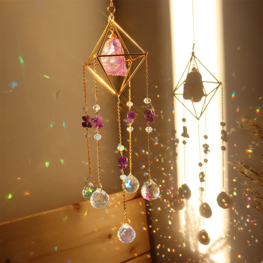 Metal Crystal Wind Chimes - Natural Stone Hexagon Prisms for Radiant Sun Catchers