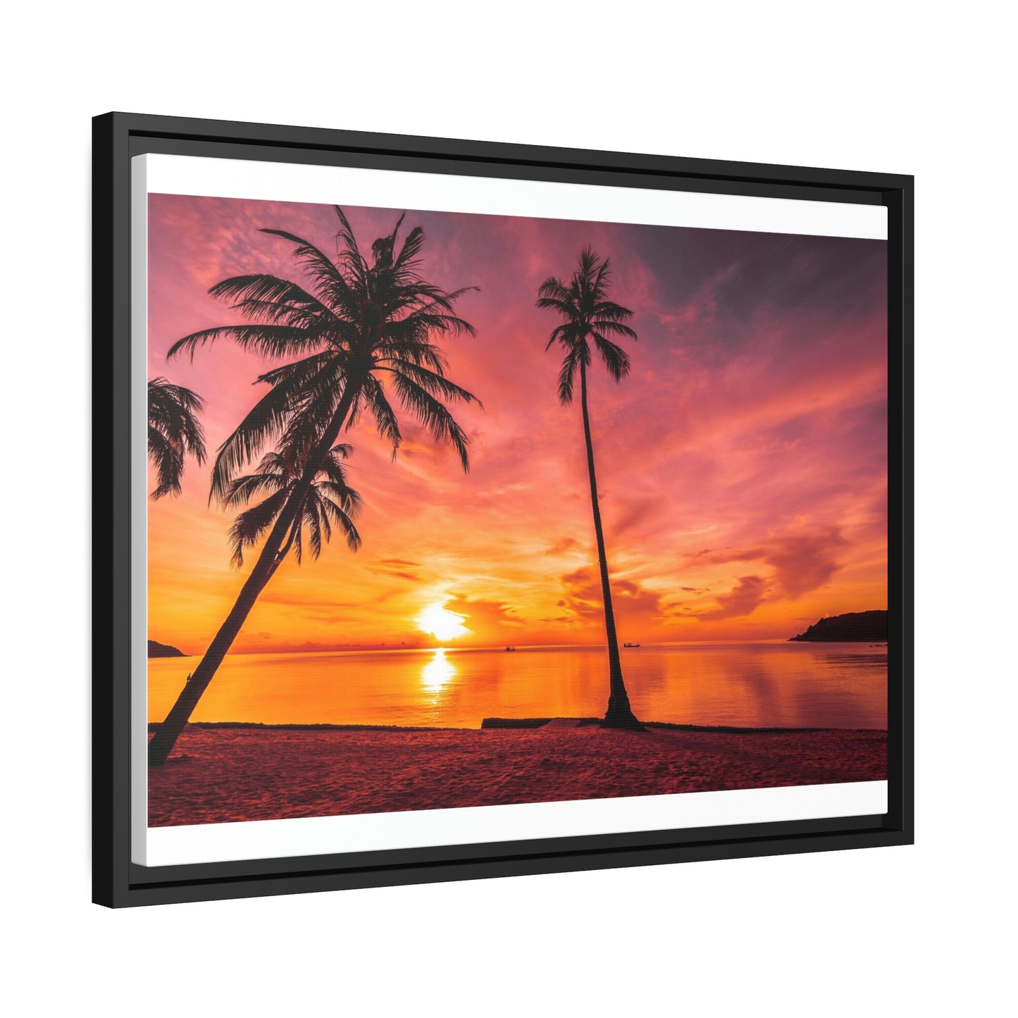 Tropical Serenity: Sunset Time Canvas Wall Art with Coconut Palm-Tree in Black Frame