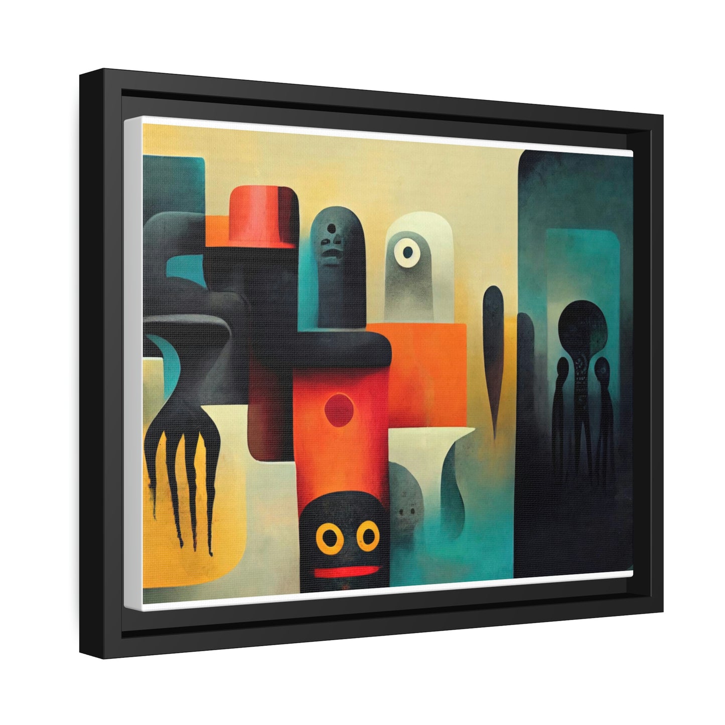 Framed canvas wall art of surreal abstract painting in the style of primitive abstraction ethnic motives of african tribes