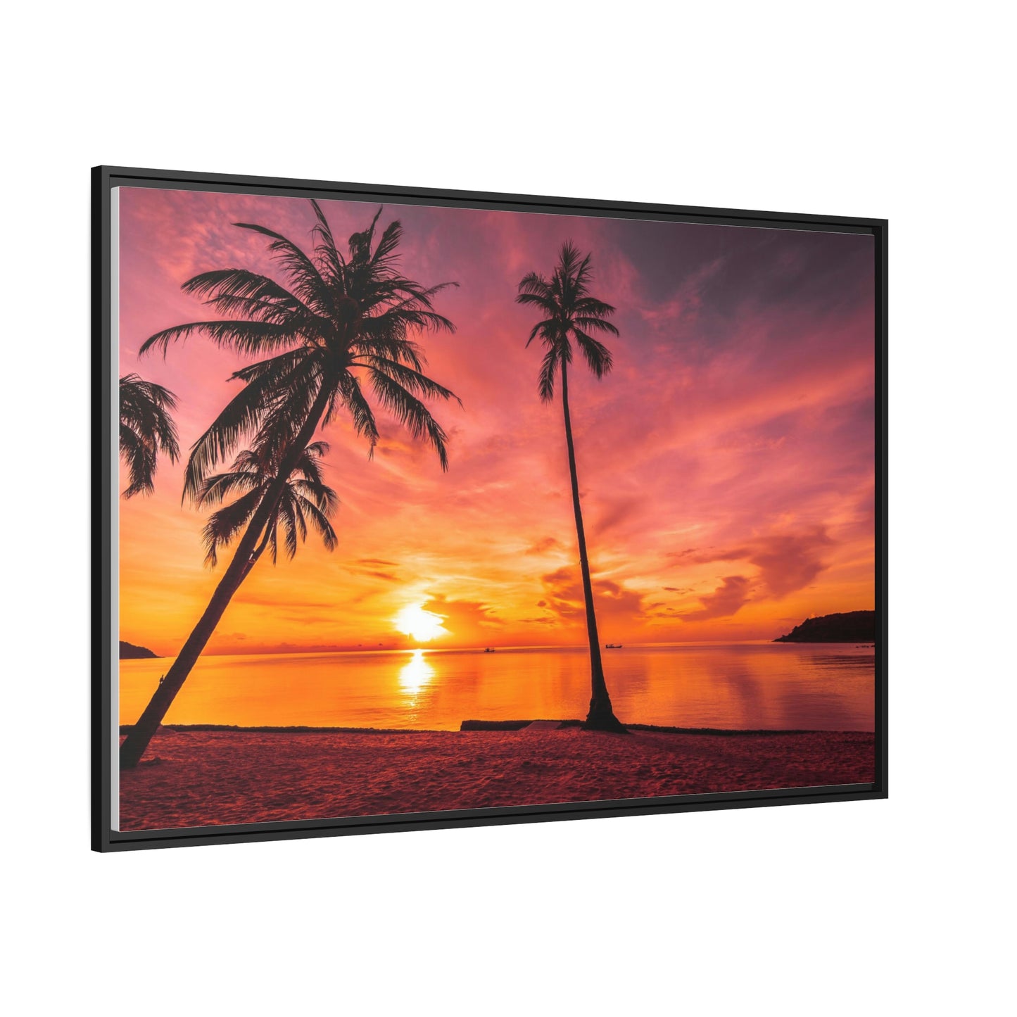 Tropical Serenity: Sunset Time Canvas Wall Art with Coconut Palm-Tree in Black Frame