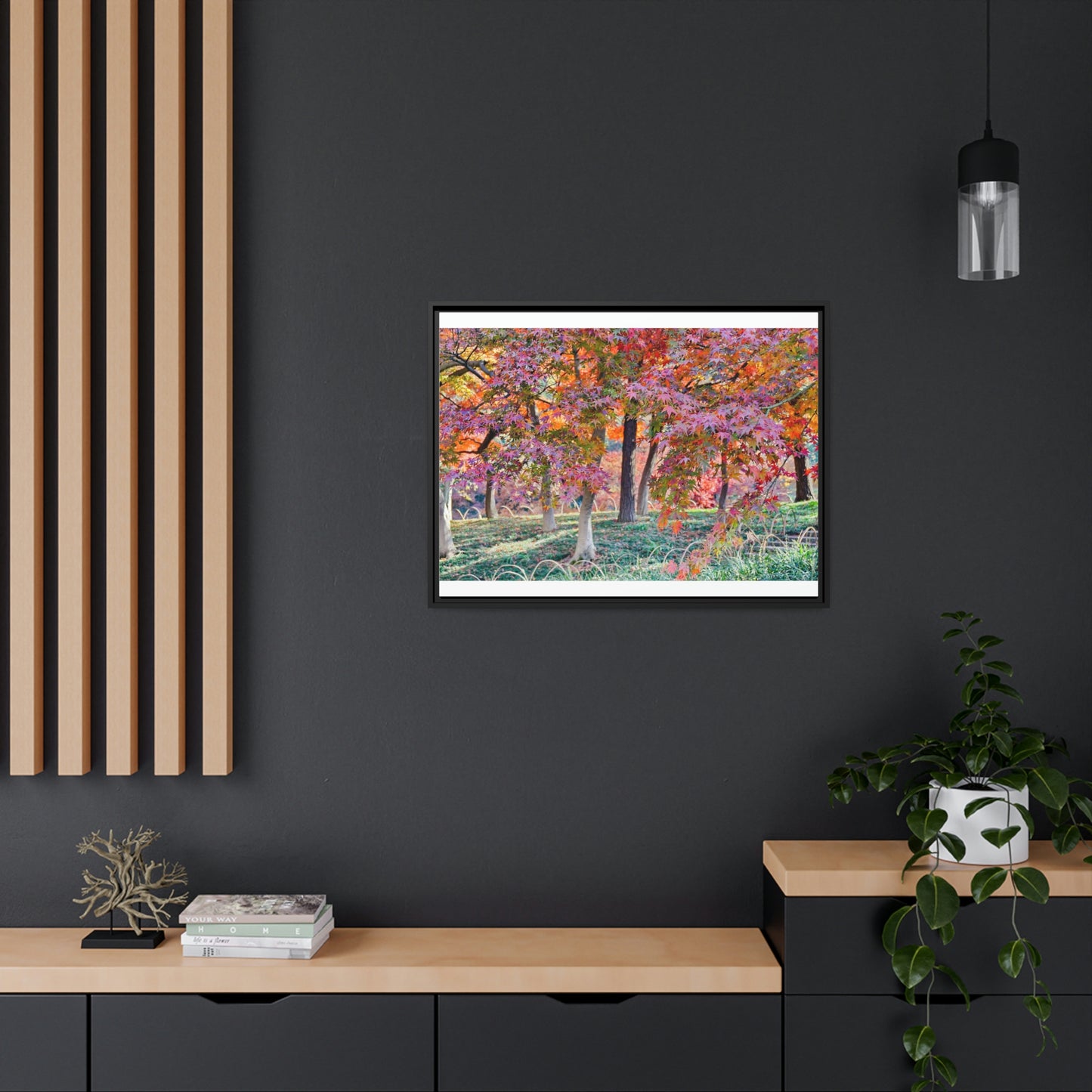 Sun-kissed Foliage" - Vibrant Framed Canvas Wall Art of Colourful Leaves on Trees in Sunlight