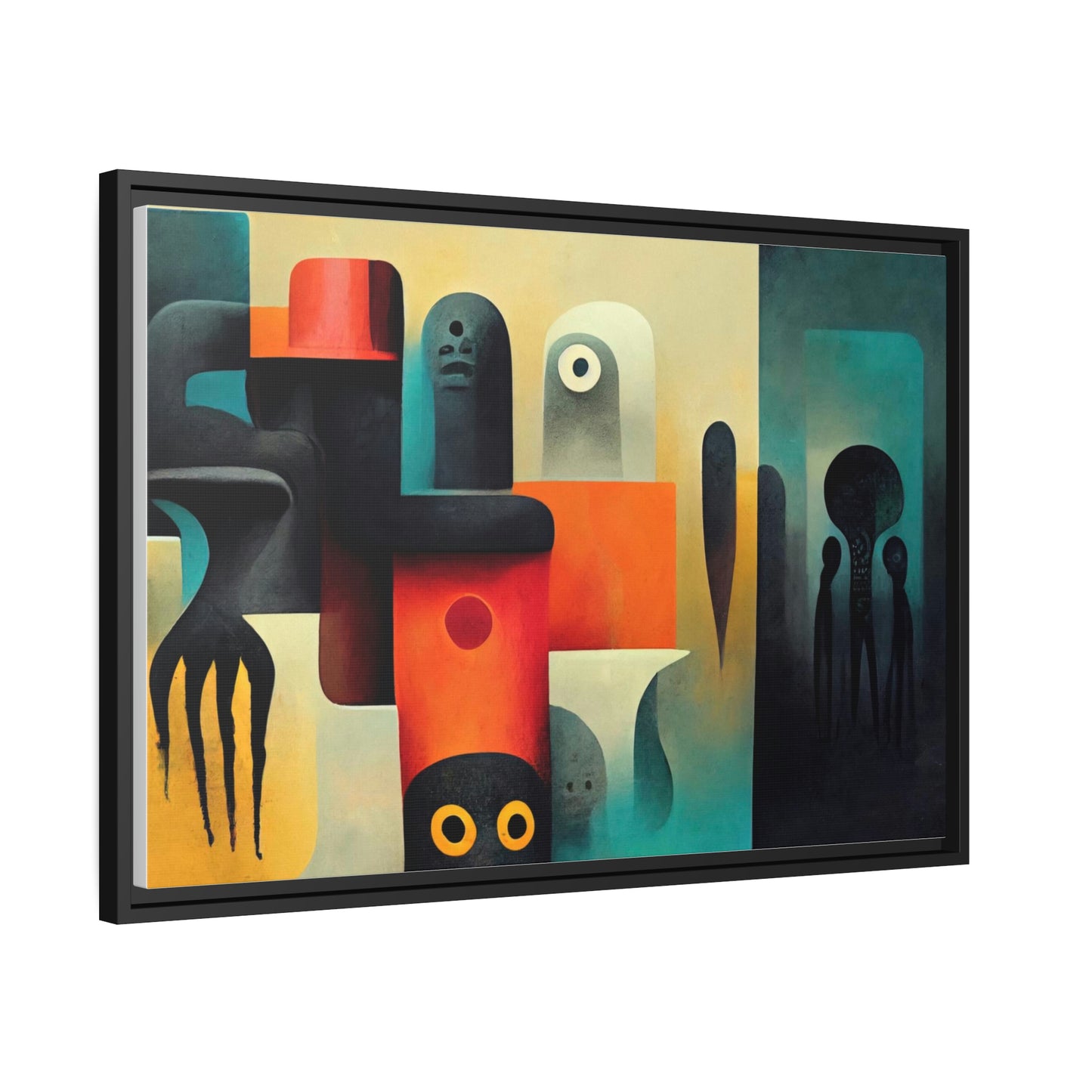 Framed canvas wall art of surreal abstract painting in the style of primitive abstraction ethnic motives of african tribes