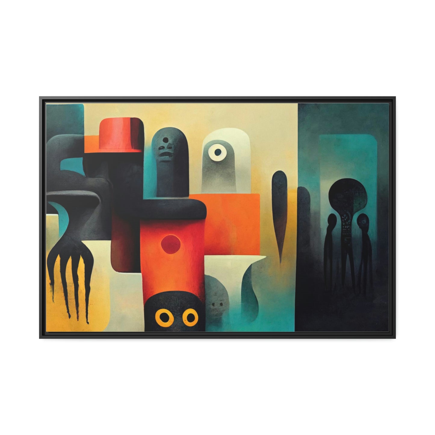 Framed canvas wall art of surreal abstract painting in the style of primitive abstraction ethnic motives of african tribes