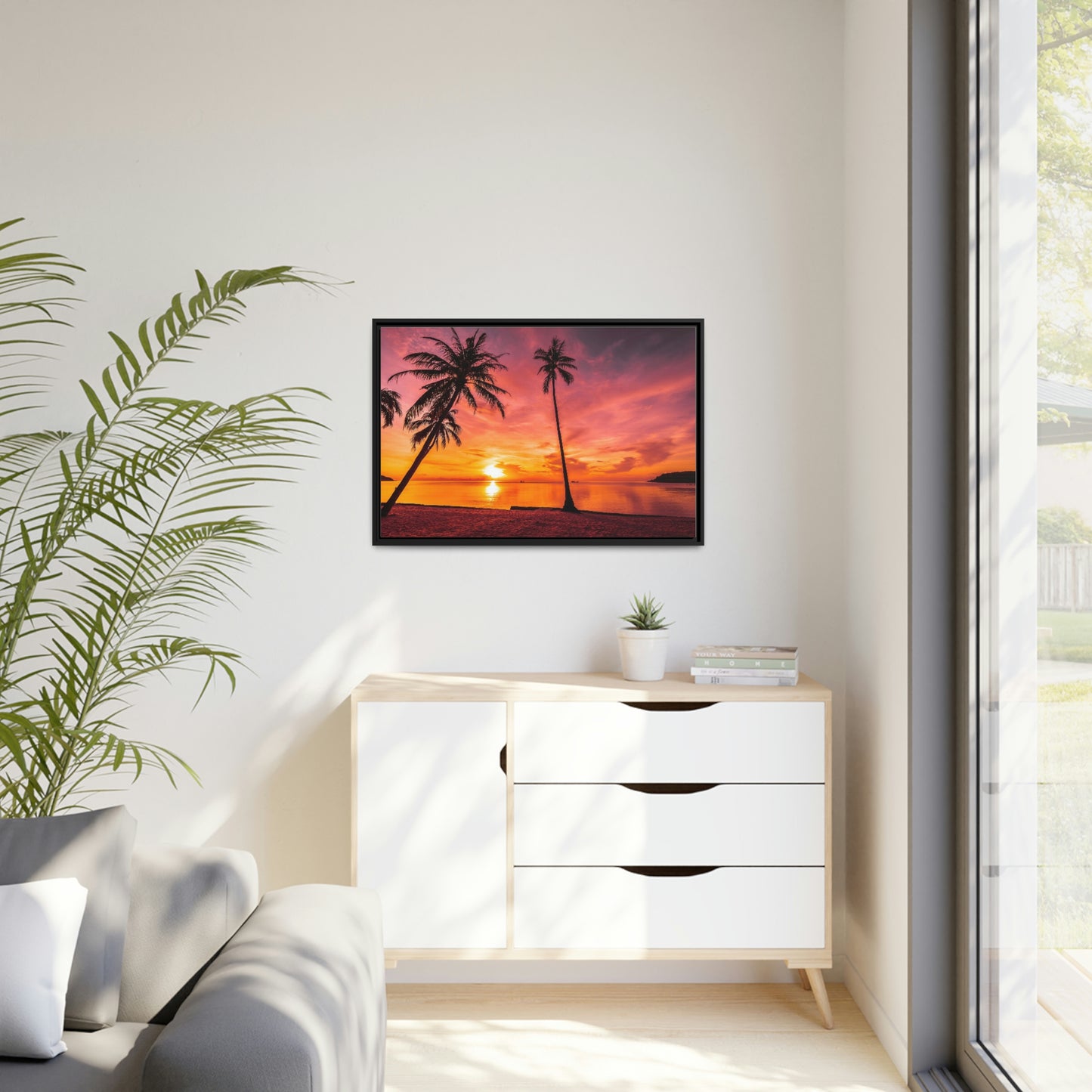 Tropical Serenity: Sunset Time Canvas Wall Art with Coconut Palm-Tree in Black Frame