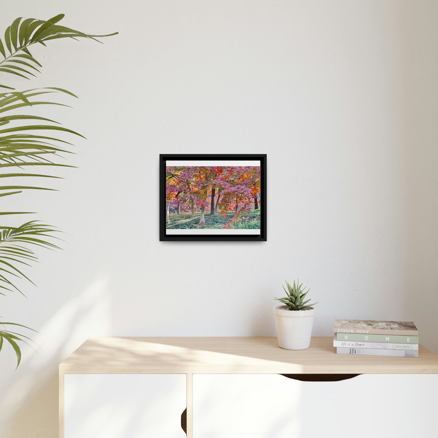 Sun-kissed Foliage" - Vibrant Framed Canvas Wall Art of Colourful Leaves on Trees in Sunlight