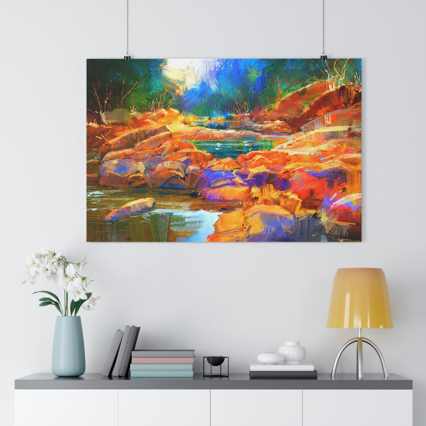 Beautiful fall river lines with colorful stones in autumn forest - Giclée Art Print