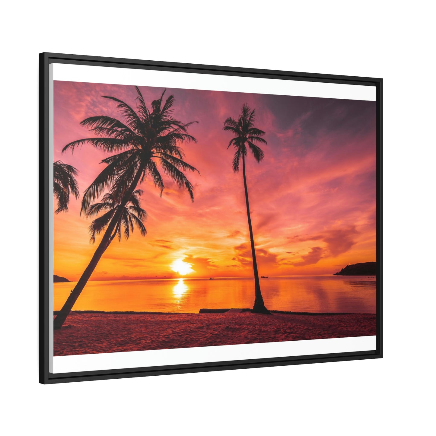 Tropical Serenity: Sunset Time Canvas Wall Art with Coconut Palm-Tree in Black Frame