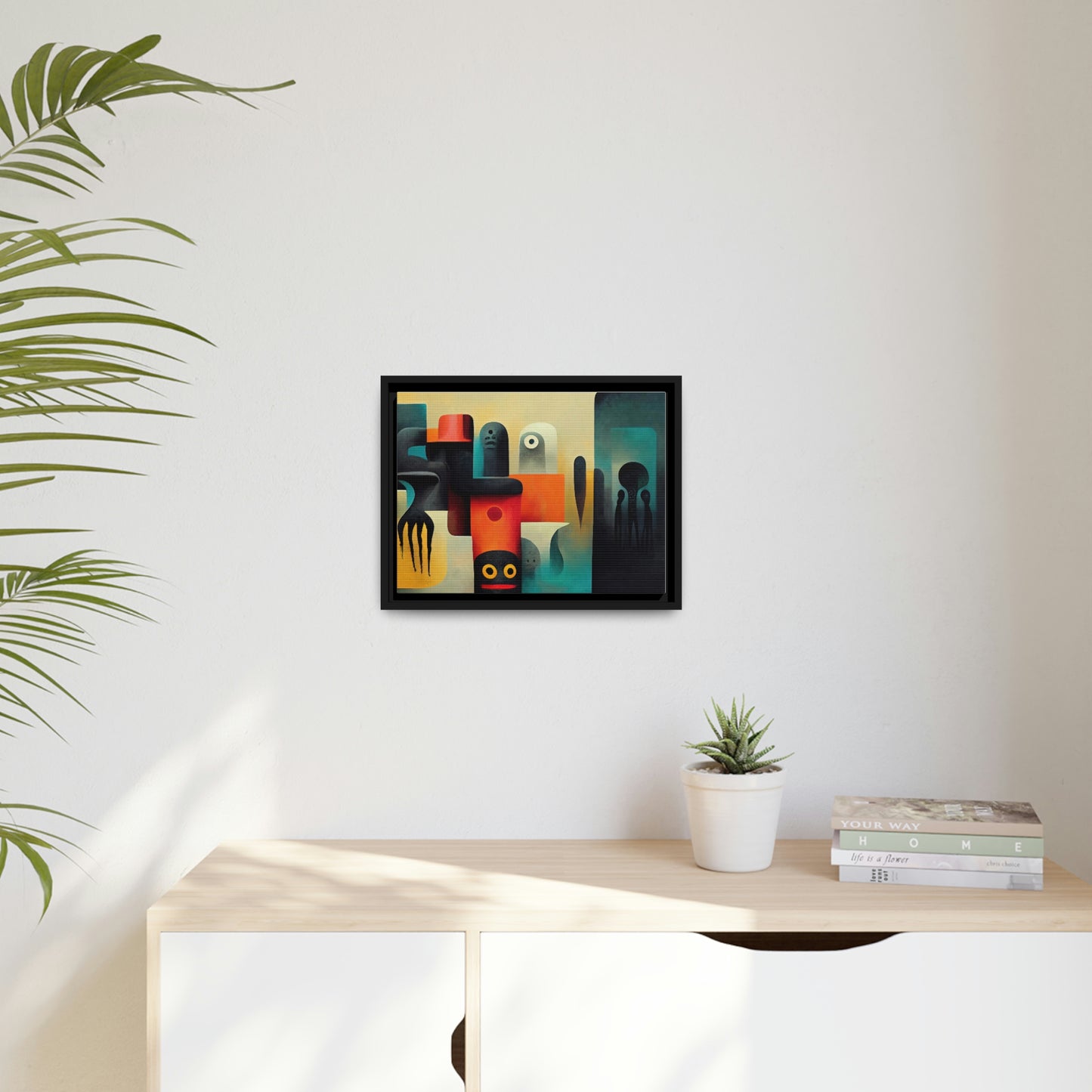 Framed canvas wall art of surreal abstract painting in the style of primitive abstraction ethnic motives of african tribes