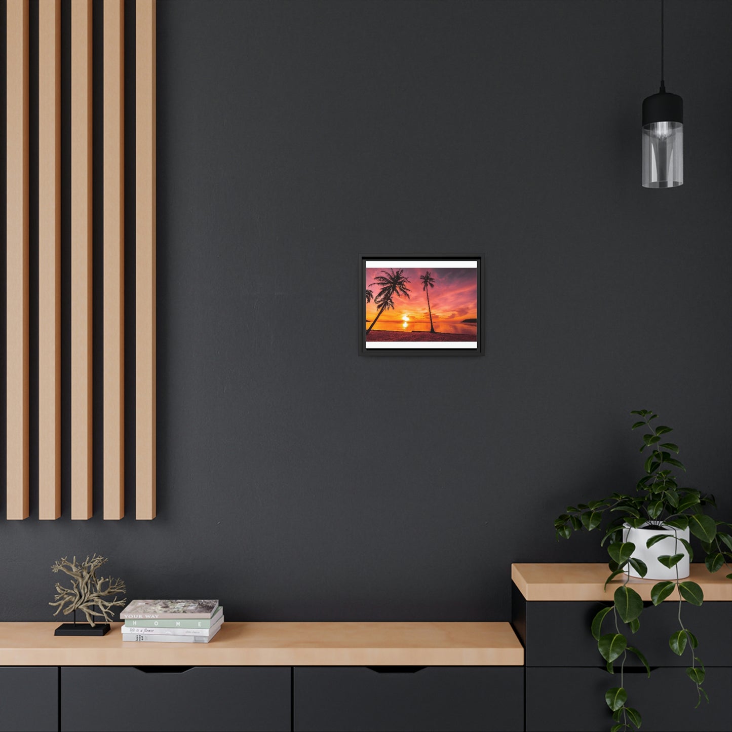 Tropical Serenity: Sunset Time Canvas Wall Art with Coconut Palm-Tree in Black Frame