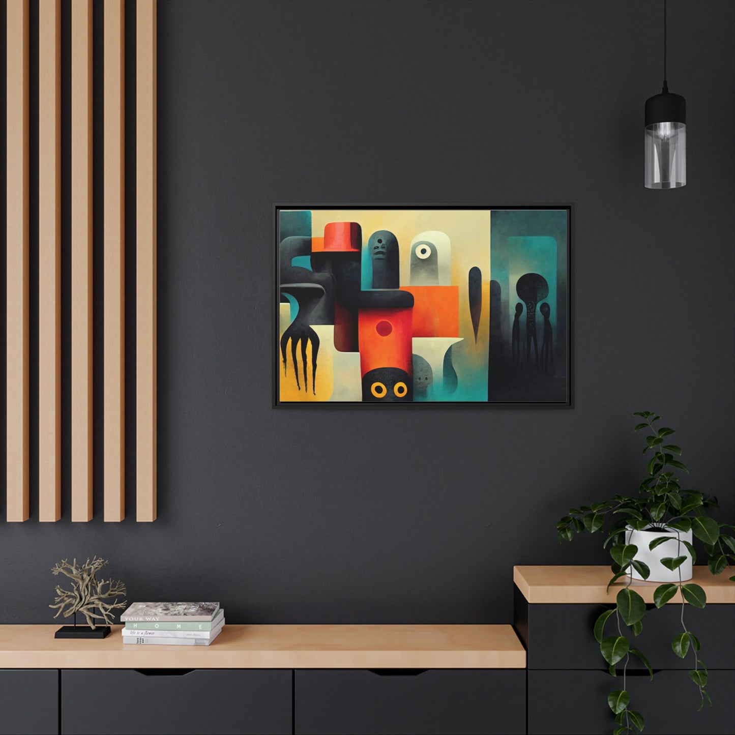 Framed canvas wall art of surreal abstract painting in the style of primitive abstraction ethnic motives of african tribes