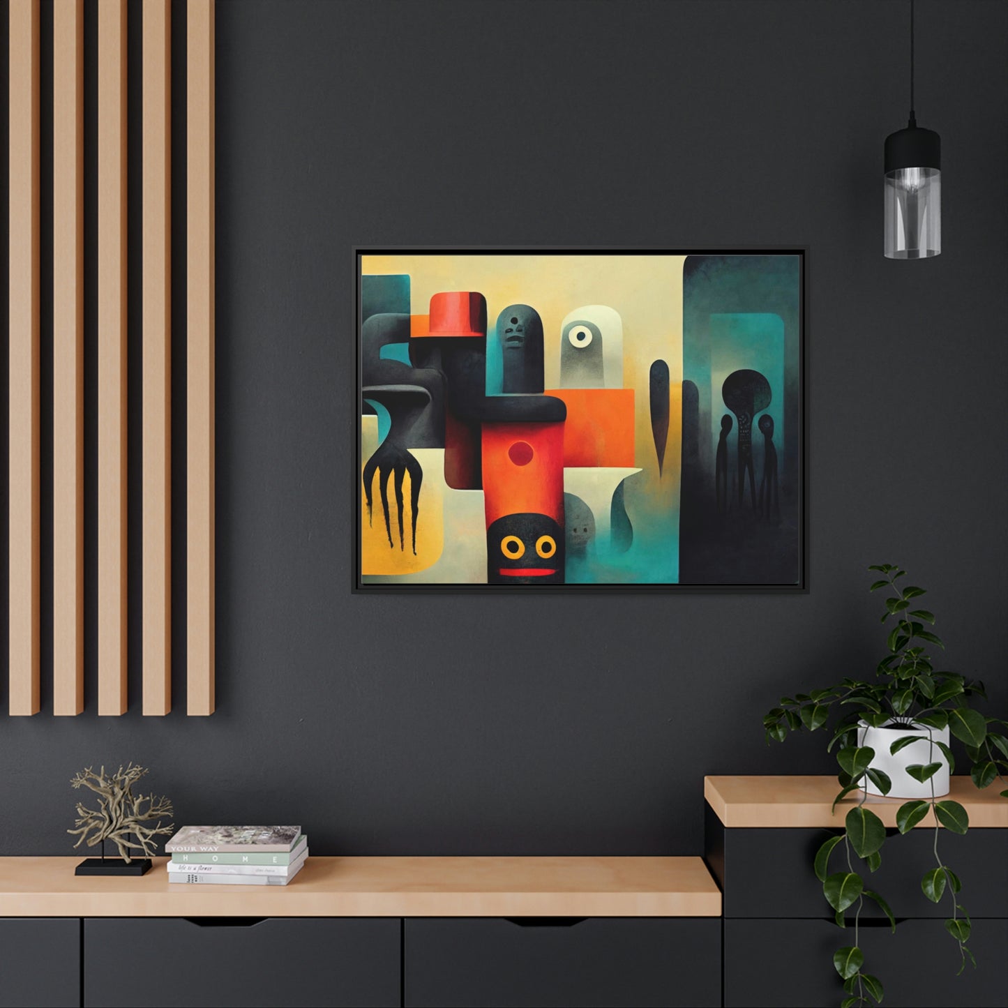 Framed canvas wall art of surreal abstract painting in the style of primitive abstraction ethnic motives of african tribes