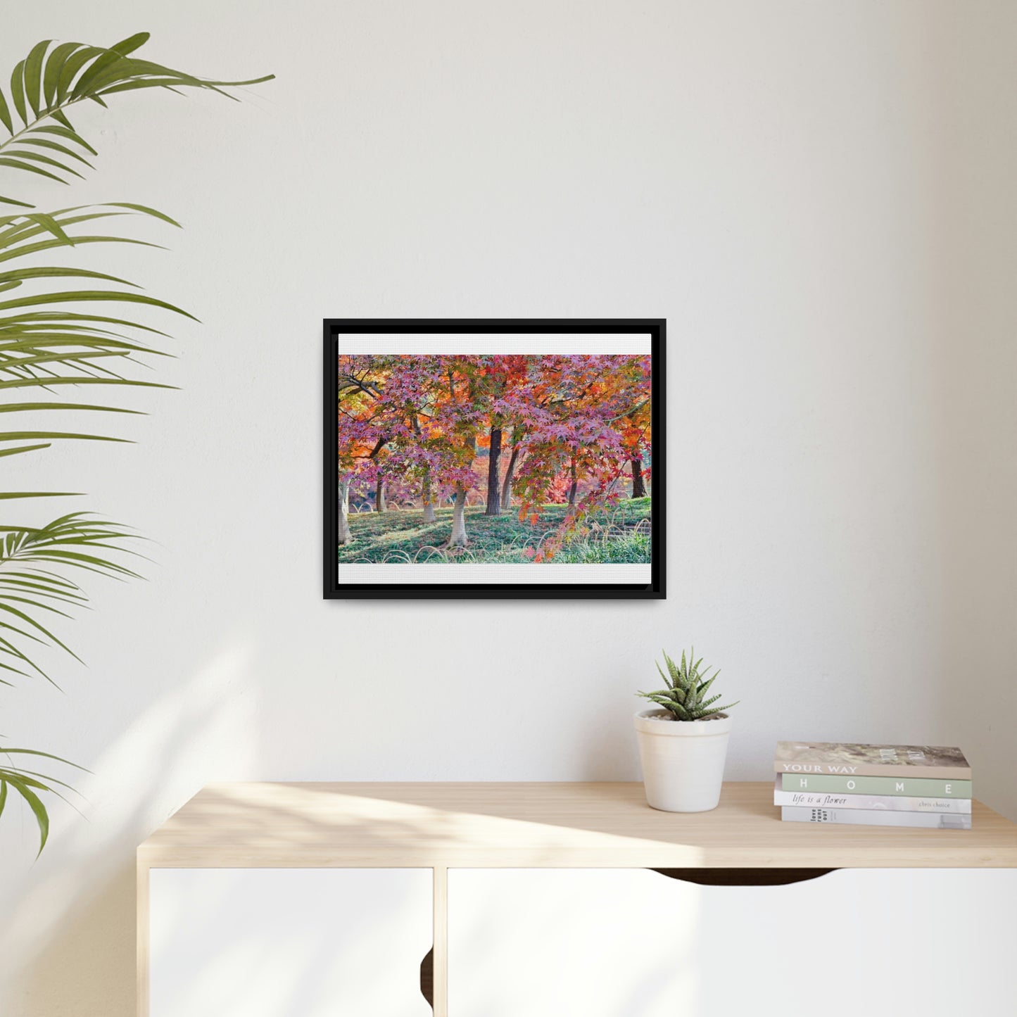 Sun-kissed Foliage" - Vibrant Framed Canvas Wall Art of Colourful Leaves on Trees in Sunlight