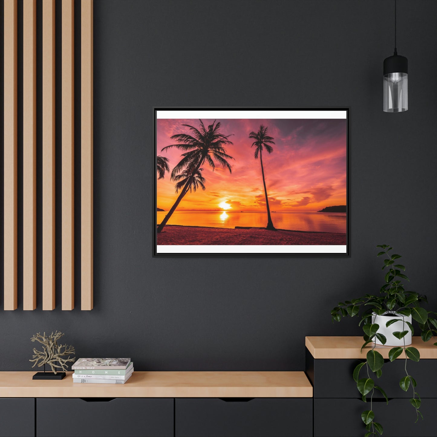 Tropical Serenity: Sunset Time Canvas Wall Art with Coconut Palm-Tree in Black Frame