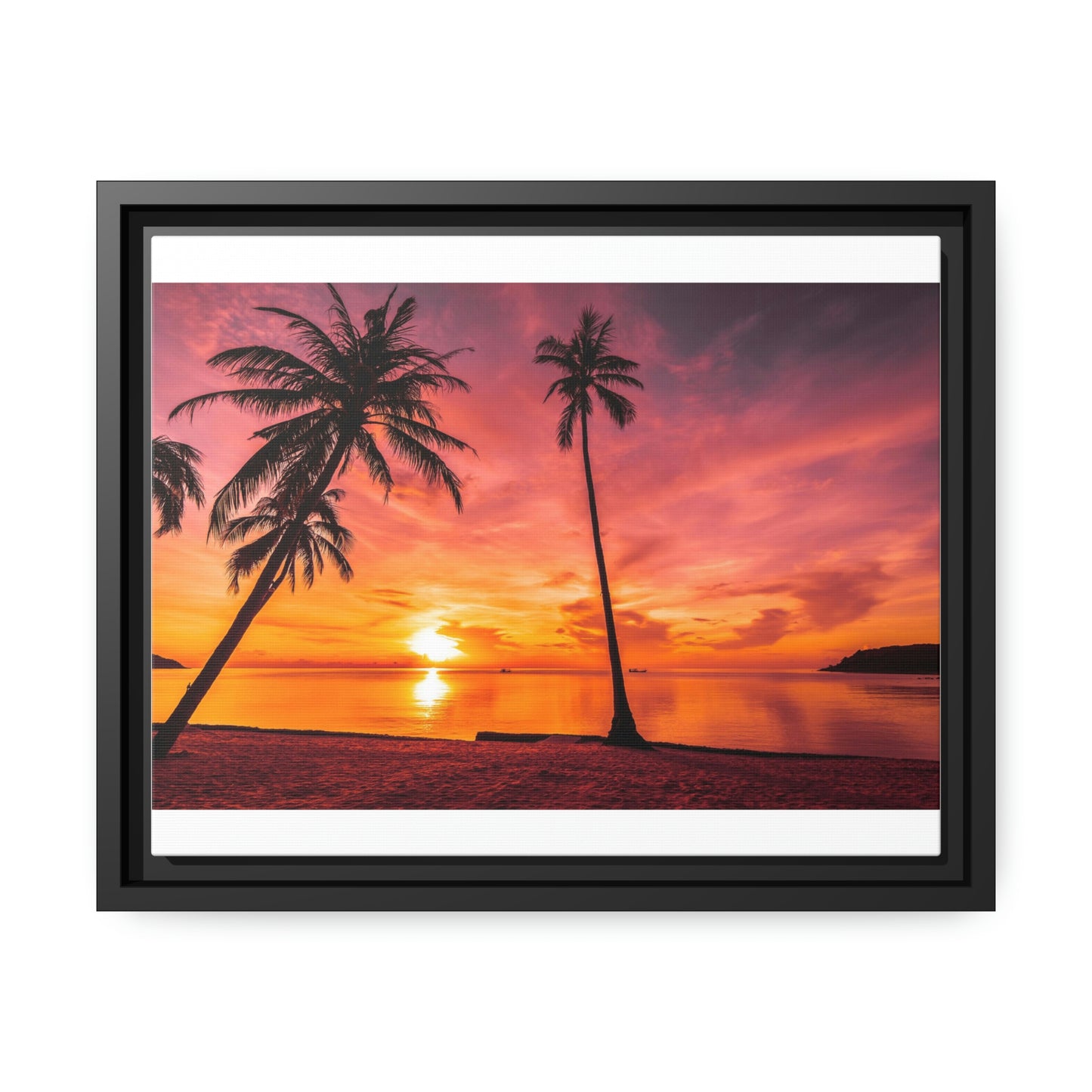 Tropical Serenity: Sunset Time Canvas Wall Art with Coconut Palm-Tree in Black Frame