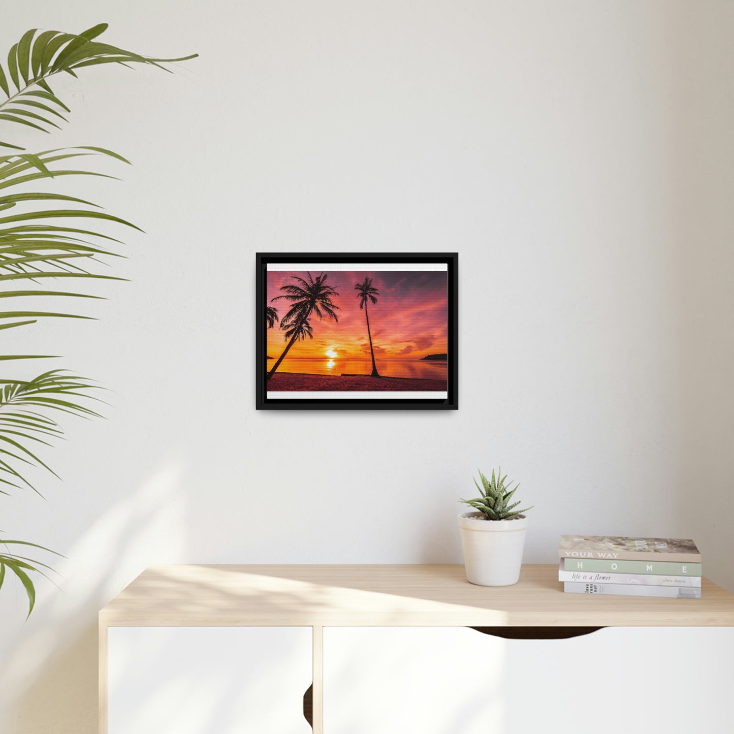 Tropical Serenity: Sunset Time Canvas Wall Art with Coconut Palm-Tree in Black Frame