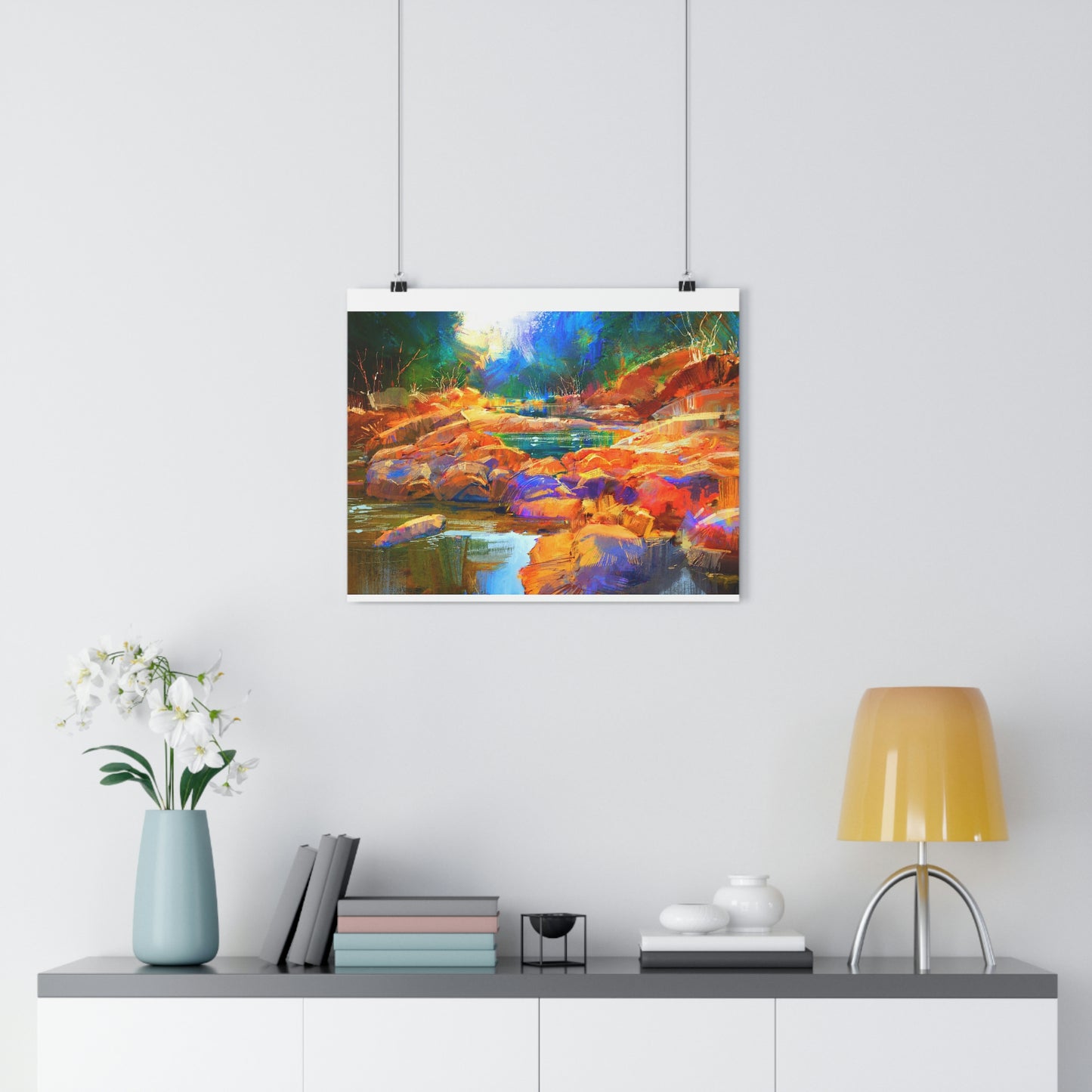 Beautiful fall river lines with colorful stones in autumn forest - Giclée Art Print