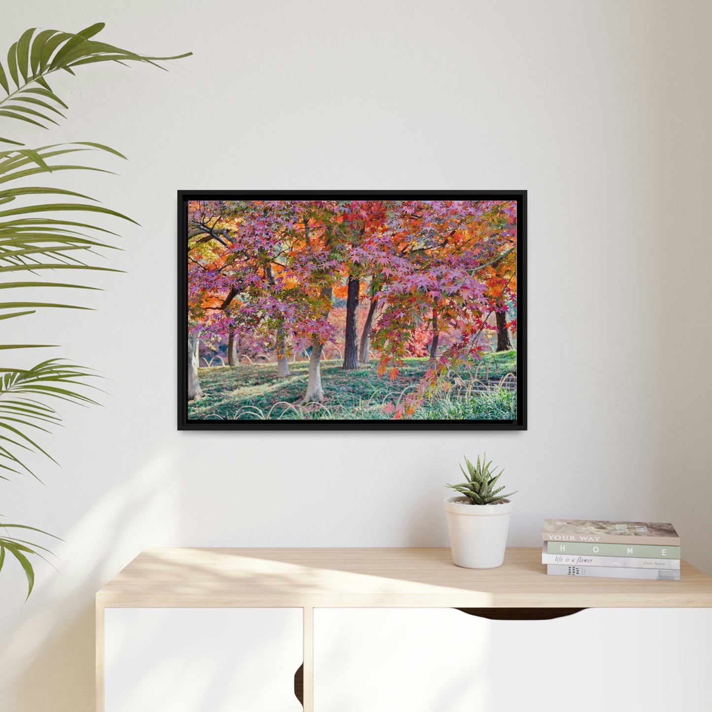 Sun-kissed Foliage" - Vibrant Framed Canvas Wall Art of Colourful Leaves on Trees in Sunlight