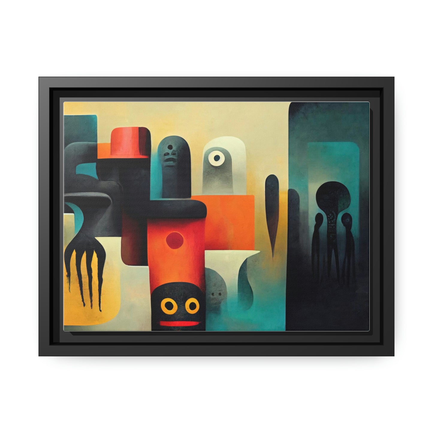 Framed canvas wall art of surreal abstract painting in the style of primitive abstraction ethnic motives of african tribes