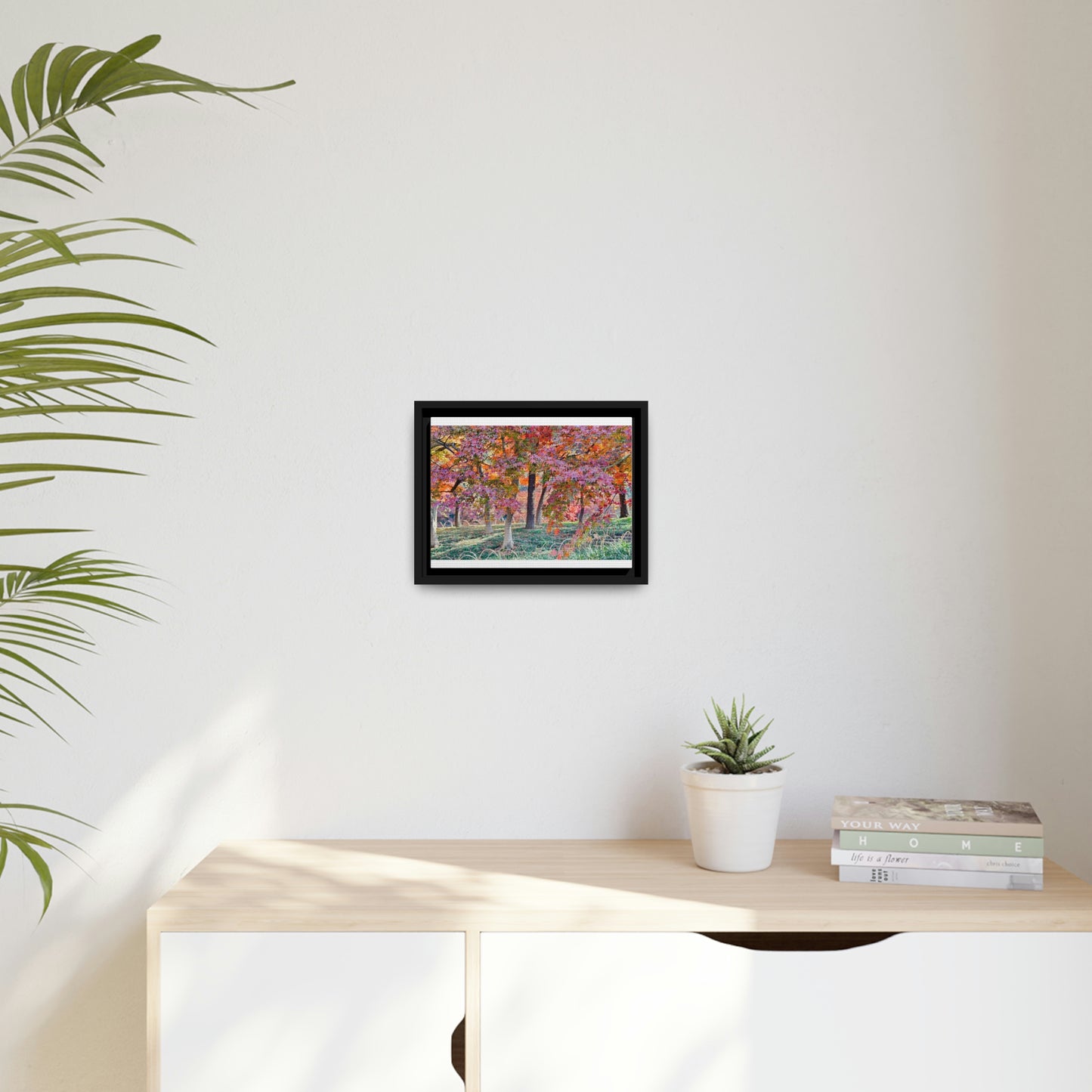 Sun-kissed Foliage" - Vibrant Framed Canvas Wall Art of Colourful Leaves on Trees in Sunlight