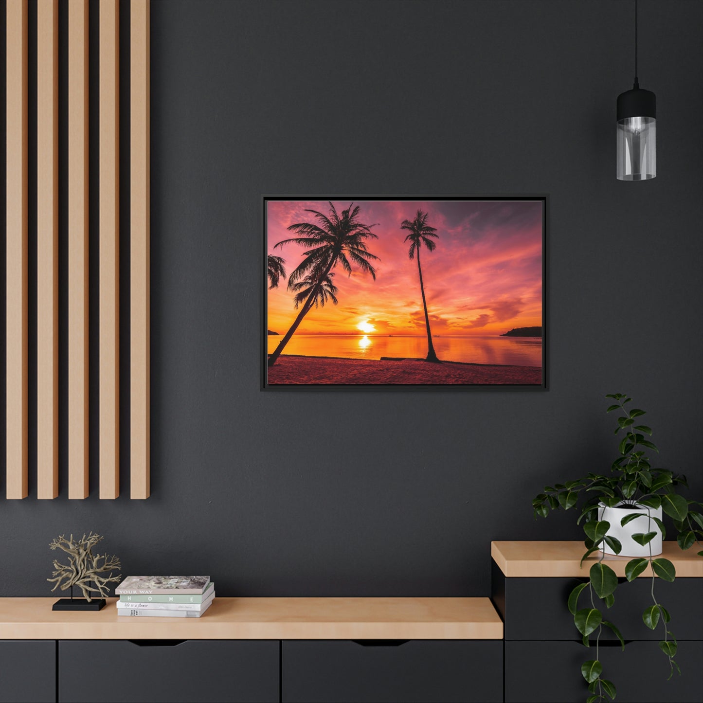 Tropical Serenity: Sunset Time Canvas Wall Art with Coconut Palm-Tree in Black Frame