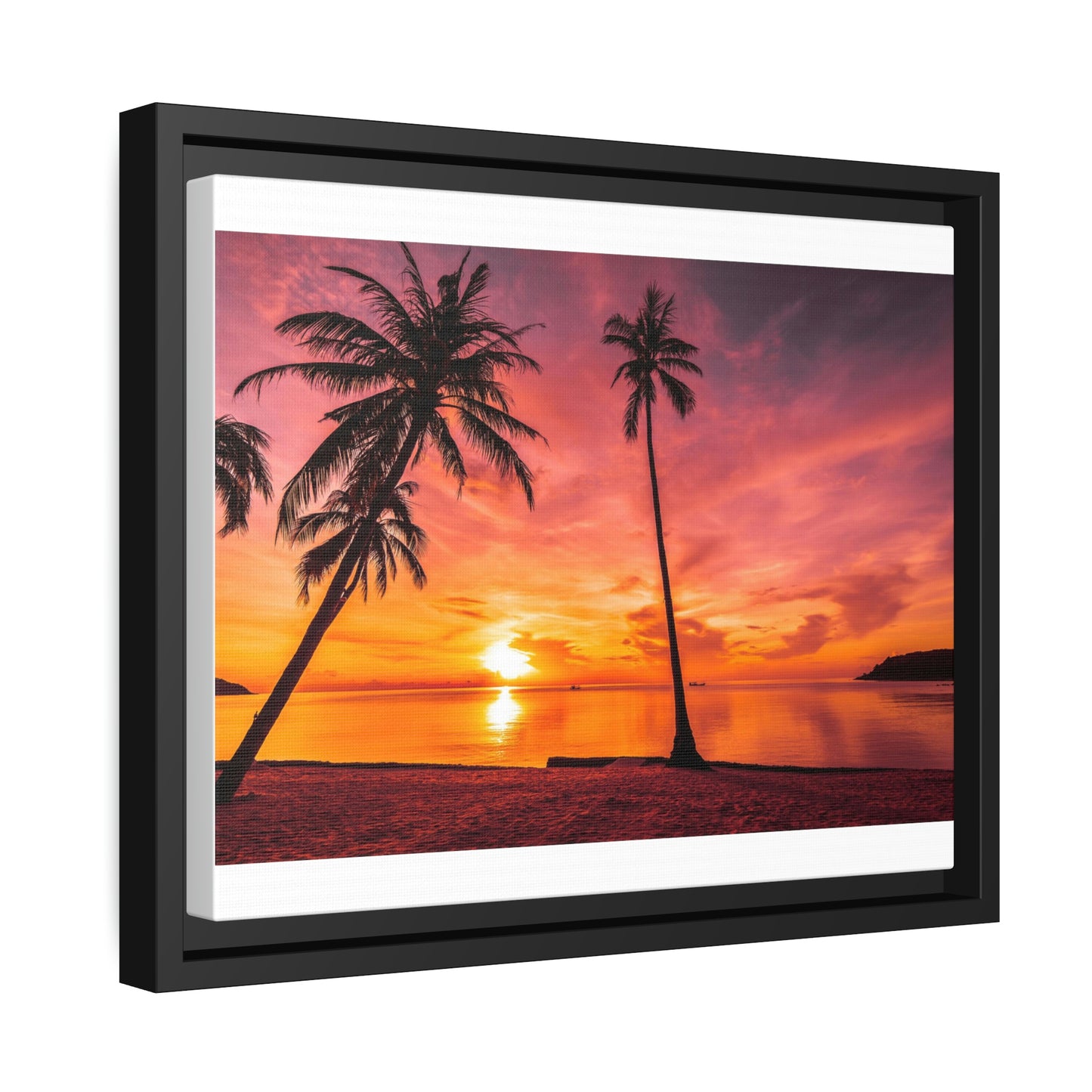 Tropical Serenity: Sunset Time Canvas Wall Art with Coconut Palm-Tree in Black Frame