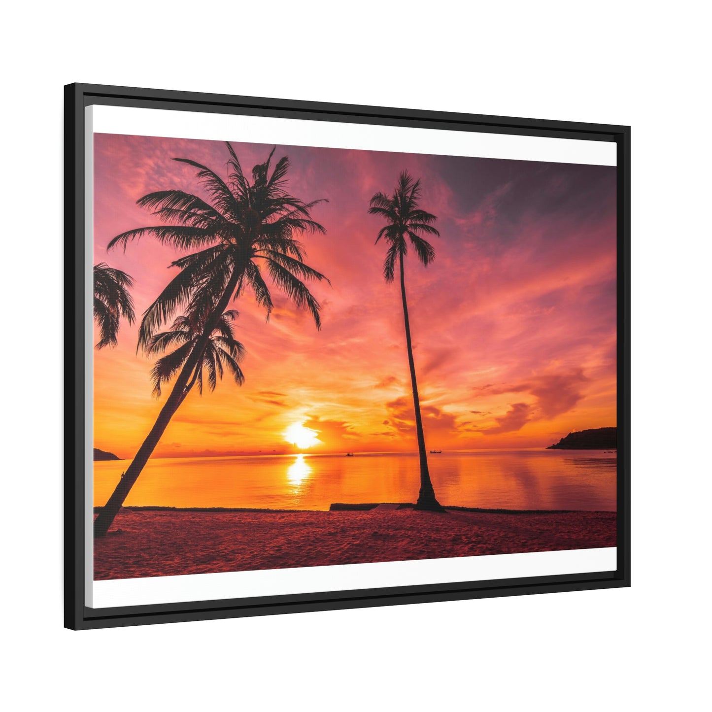 Tropical Serenity: Sunset Time Canvas Wall Art with Coconut Palm-Tree in Black Frame