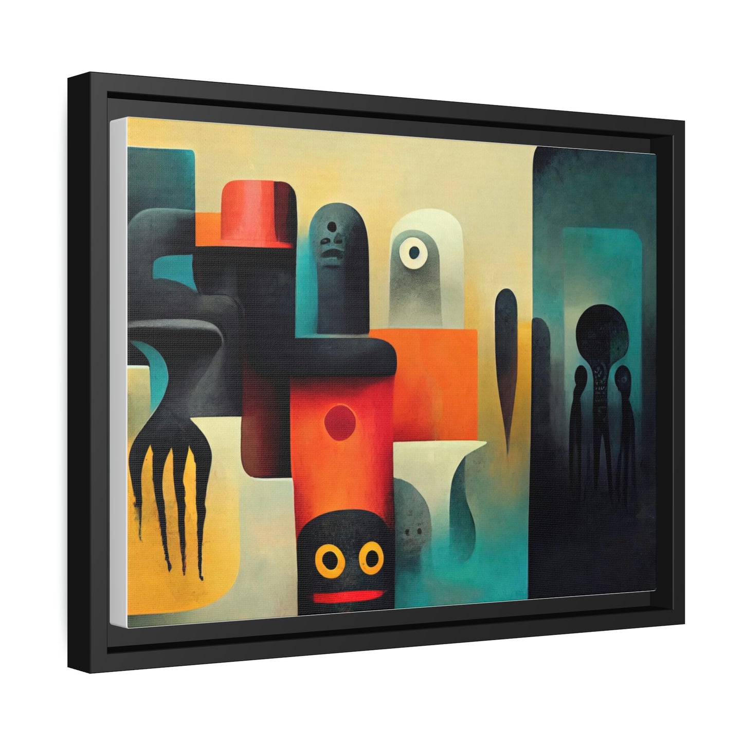 Framed canvas wall art of surreal abstract painting in the style of primitive abstraction ethnic motives of african tribes