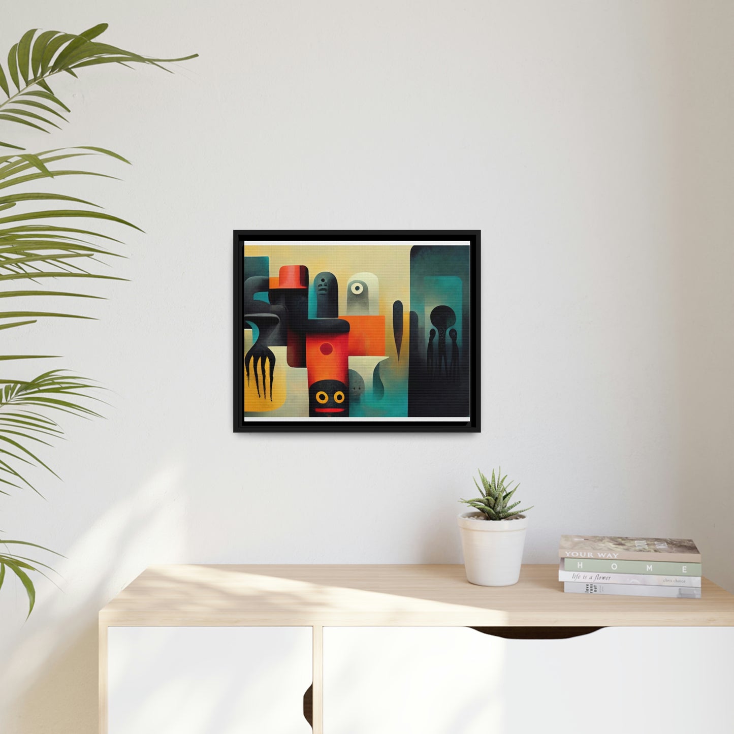 Framed canvas wall art of surreal abstract painting in the style of primitive abstraction ethnic motives of african tribes