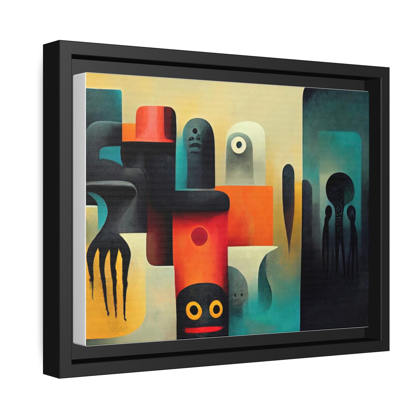 Framed canvas wall art of surreal abstract painting in the style of primitive abstraction ethnic motives of african tribes