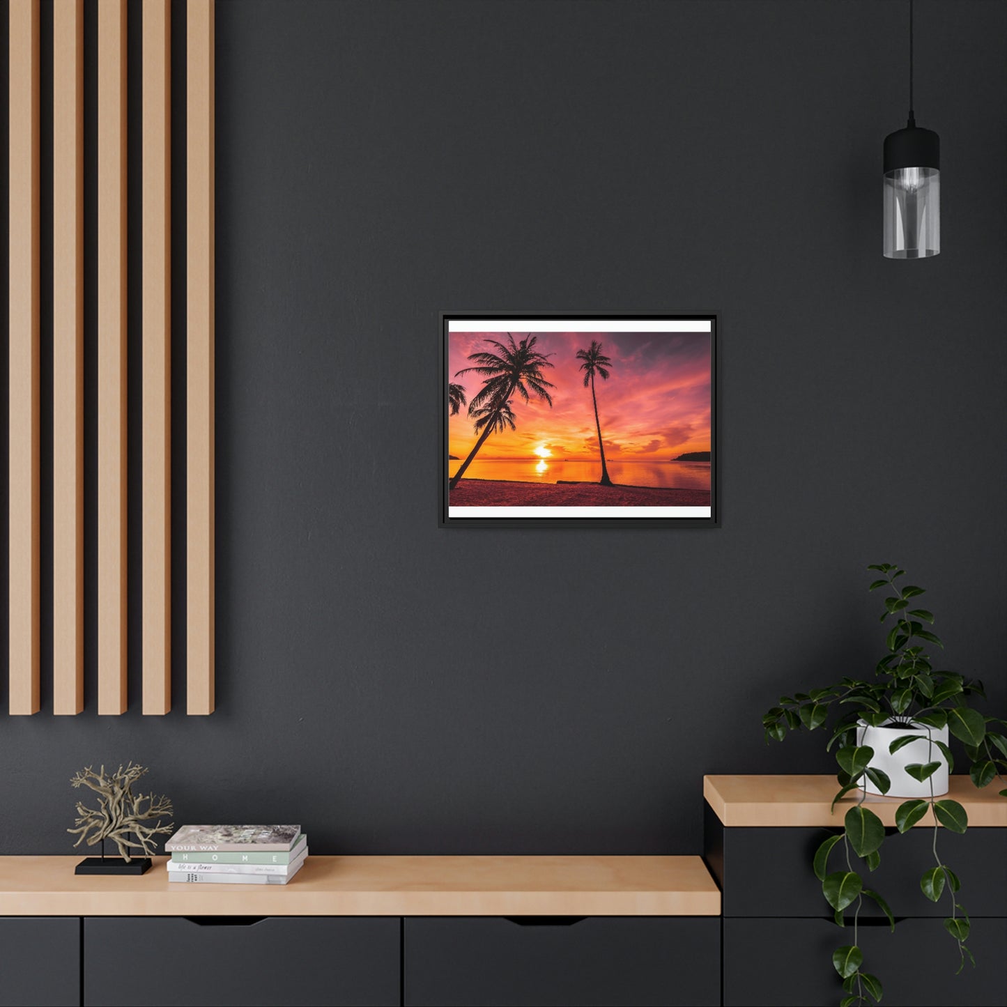 Tropical Serenity: Sunset Time Canvas Wall Art with Coconut Palm-Tree in Black Frame