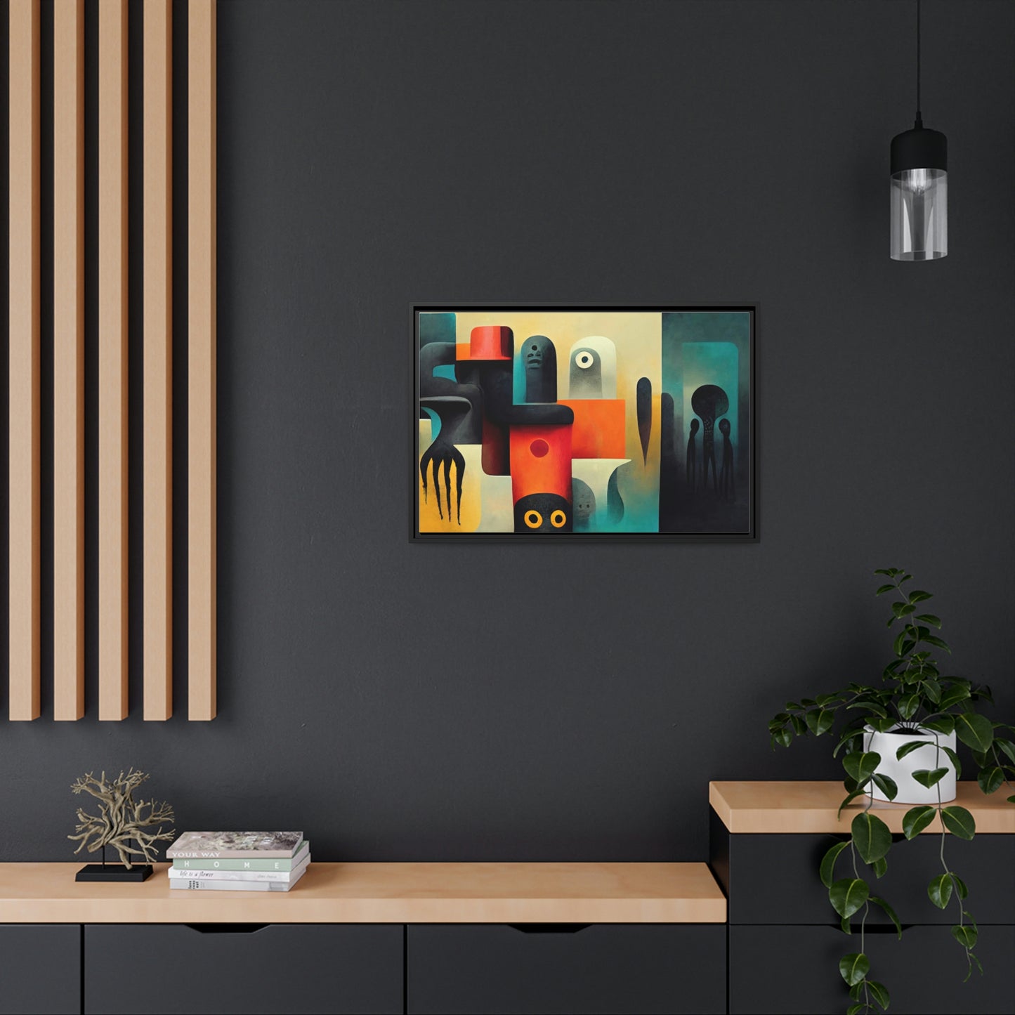 Framed canvas wall art of surreal abstract painting in the style of primitive abstraction ethnic motives of african tribes