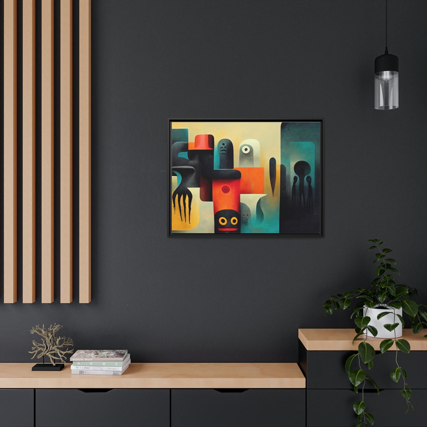 Framed canvas wall art of surreal abstract painting in the style of primitive abstraction ethnic motives of african tribes